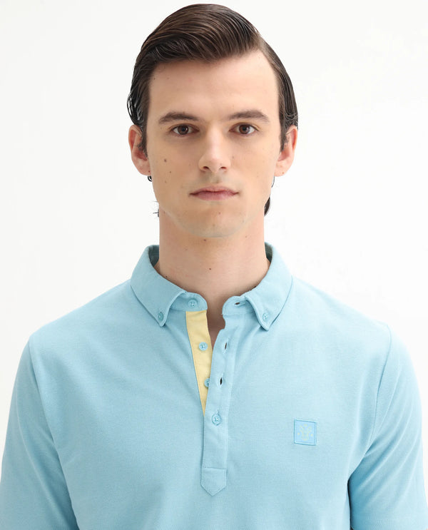 Rare Rabbit Men's Herval Light Blue Cotton Fabric Collared Neck Half Sleeves Polo T-Shirt