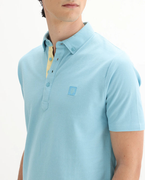 Rare Rabbit Men's Herval Light Blue Cotton Fabric Collared Neck Half Sleeves Polo T-Shirt
