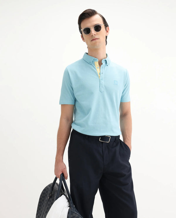 Rare Rabbit Men's Herval Light Blue Cotton Fabric Collared Neck Half Sleeves Polo T-Shirt