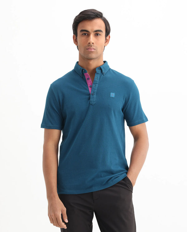 Rare Rabbit Men's Herval Blue Cotton Fabric Collared Neck Half Sleeves Polo T-Shirt
