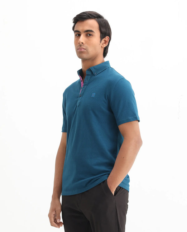 Rare Rabbit Men's Herval Blue Cotton Fabric Collared Neck Half Sleeves Polo T-Shirt