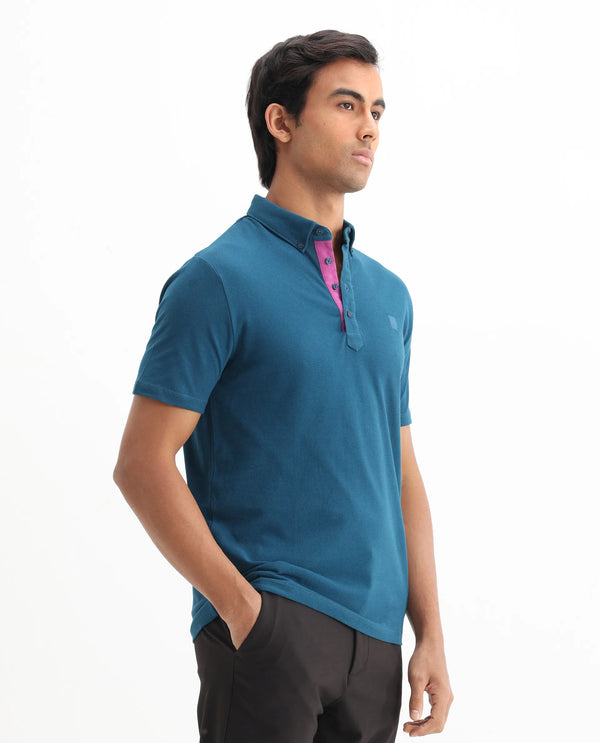Rare Rabbit Men's Herval Blue Cotton Fabric Collared Neck Half Sleeves Polo T-Shirt