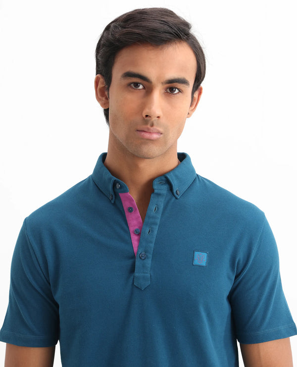 Rare Rabbit Men's Herval Blue Cotton Fabric Collared Neck Half Sleeves Polo T-Shirt