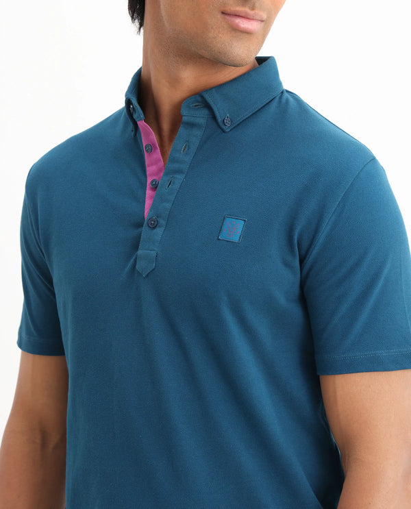 Rare Rabbit Men's Herval Blue Cotton Fabric Collared Neck Half Sleeves Polo T-Shirt