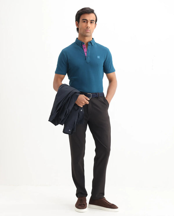 Rare Rabbit Men's Herval Blue Cotton Fabric Collared Neck Half Sleeves Polo T-Shirt