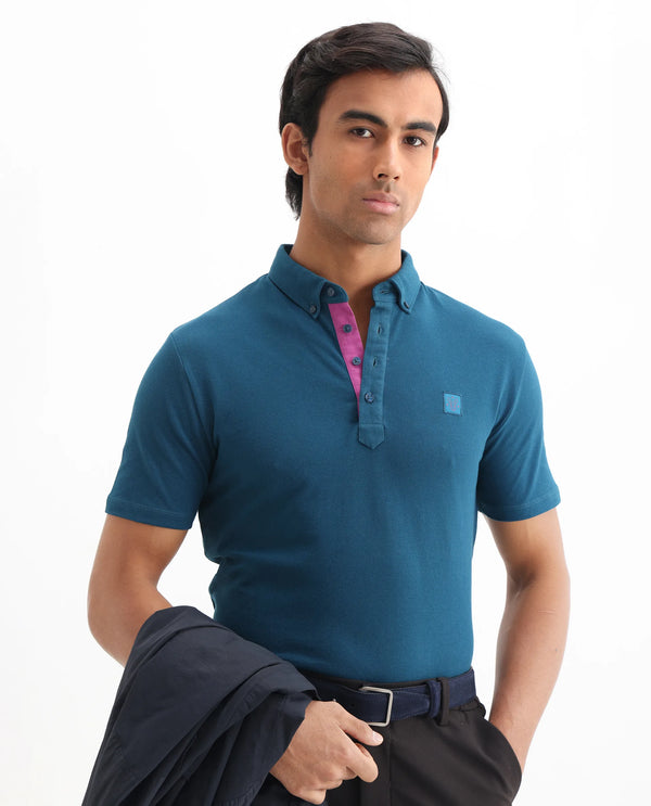 Rare Rabbit Men's Herval Blue Cotton Fabric Collared Neck Half Sleeves Polo T-Shirt
