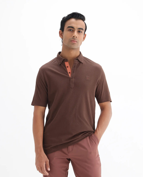 Rare Rabbit Men's Herval Dark Brown Cotton Fabric Collared Neck Half Sleeves Polo T-Shirt
