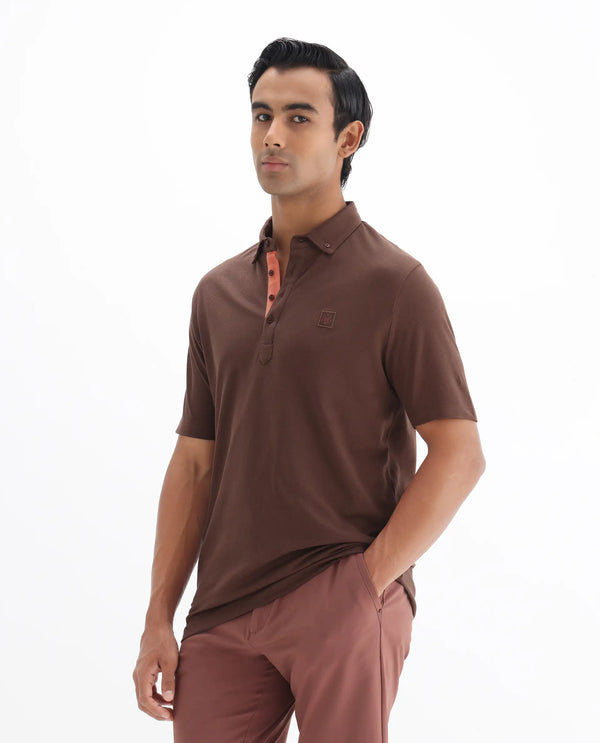 Rare Rabbit Men's Herval Dark Brown Cotton Fabric Collared Neck Half Sleeves Polo T-Shirt