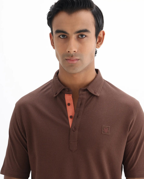 Rare Rabbit Men's Herval Dark Brown Cotton Fabric Collared Neck Half Sleeves Polo T-Shirt