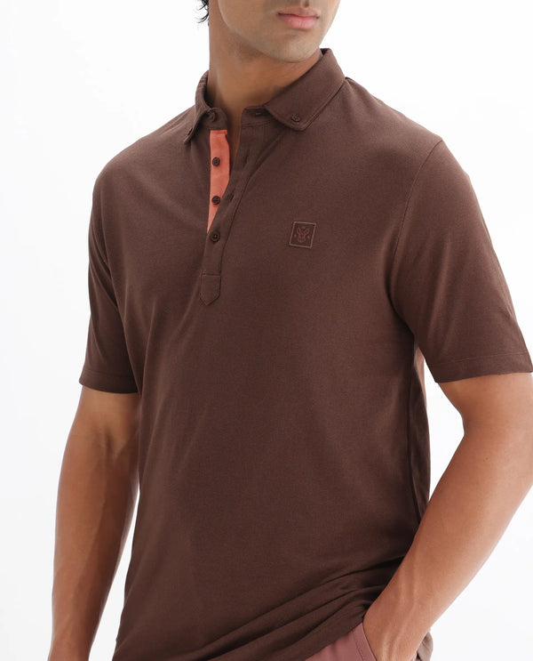 Rare Rabbit Men's Herval Dark Brown Cotton Fabric Collared Neck Half Sleeves Polo T-Shirt