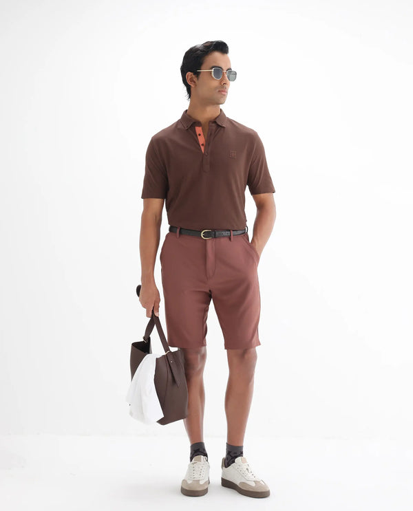 Rare Rabbit Men's Herval Dark Brown Cotton Fabric Collared Neck Half Sleeves Polo T-Shirt