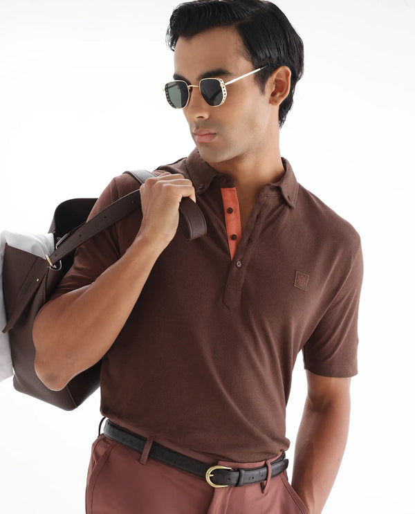 Rare Rabbit Men's Herval Dark Brown Cotton Fabric Collared Neck Half Sleeves Polo T-Shirt