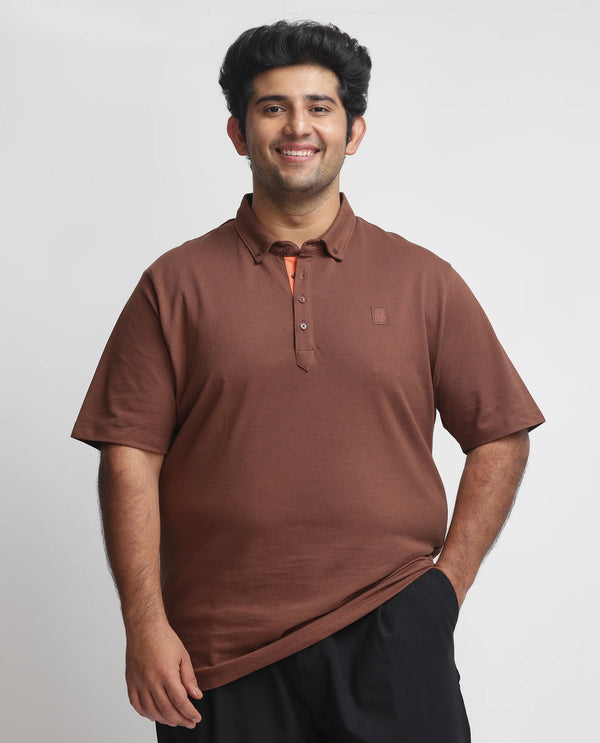Rare Rabbit Men's Herval Dark Brown Cotton Fabric Collared Neck Half Sleeves Polo T-Shirt Plus Size