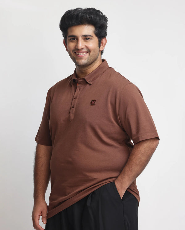 Rare Rabbit Men's Herval Dark Brown Cotton Fabric Collared Neck Half Sleeves Polo T-Shirt Plus Size