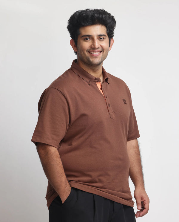 Rare Rabbit Men's Herval Dark Brown Cotton Fabric Collared Neck Half Sleeves Polo T-Shirt Plus Size