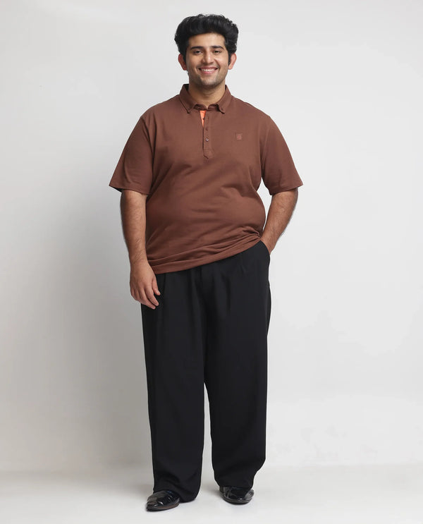 Rare Rabbit Men's Herval Dark Brown Cotton Fabric Collared Neck Half Sleeves Polo T-Shirt Plus Size