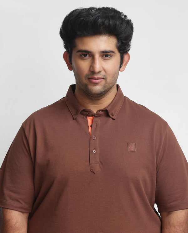 Rare Rabbit Men's Herval Dark Brown Cotton Fabric Collared Neck Half Sleeves Polo T-Shirt Plus Size