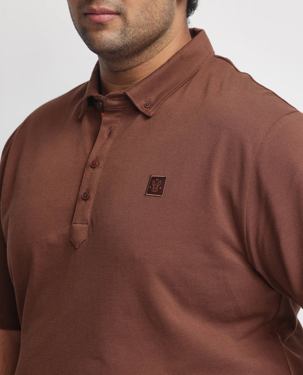Rare Rabbit Men's Herval Dark Brown Cotton Fabric Collared Neck Half Sleeves Polo T-Shirt Plus Size