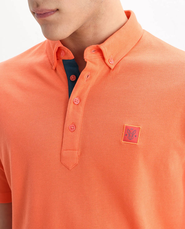 Rare Rabbit Men's Herval Dark Peach Cotton Fabric Collared Neck Half Sleeves Polo T-Shirt