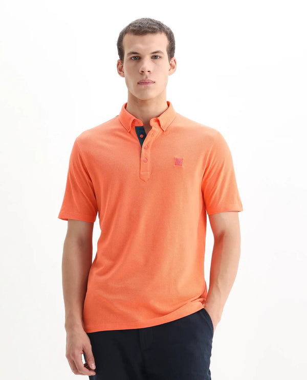 Rare Rabbit Men's Herval Dark Peach Cotton Fabric Collared Neck Half Sleeves Polo T-Shirt