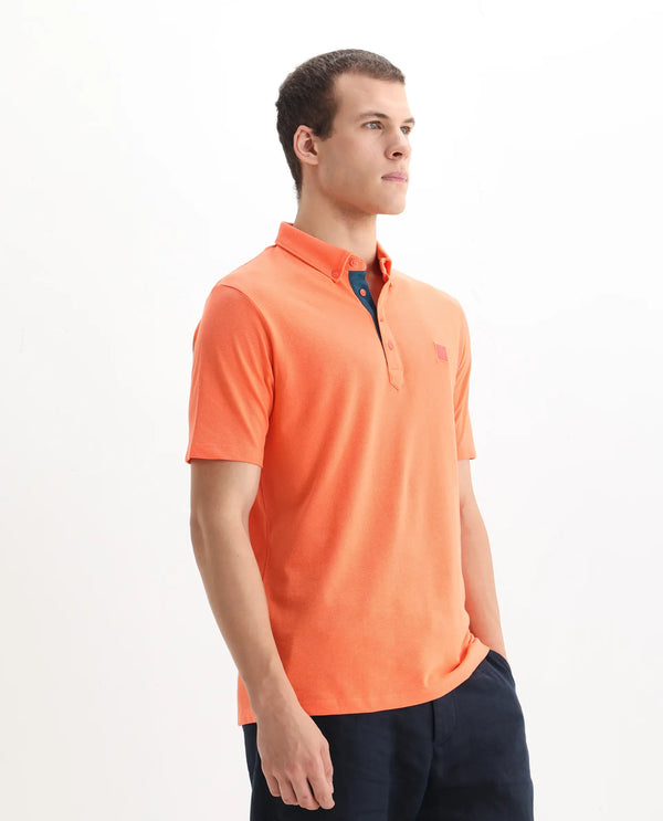 Rare Rabbit Men's Herval Dark Peach Cotton Fabric Collared Neck Half Sleeves Polo T-Shirt