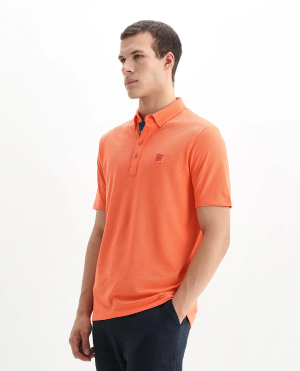Rare Rabbit Men's Herval Dark Peach Cotton Fabric Collared Neck Half Sleeves Polo T-Shirt