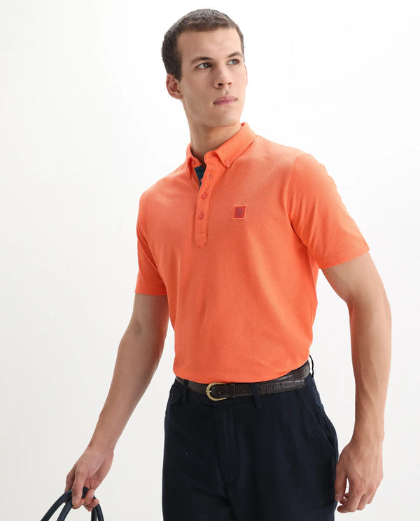 Rare Rabbit Men's Herval Dark Peach Cotton Fabric Collared Neck Half Sleeves Polo T-Shirt