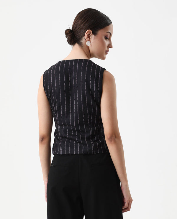 Rareism Women Hicker Black Sleeveless V-Neck Fitted Narrow Stripes Top