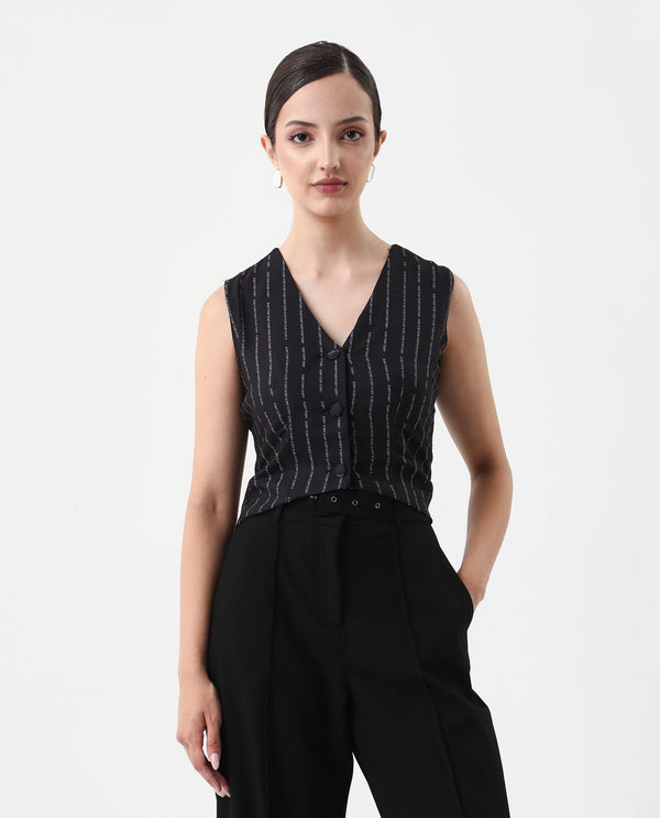 Rareism Women Hicker Black Sleeveless V-Neck Fitted Narrow Stripes Top