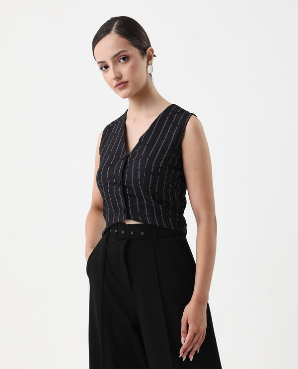Rareism Women Hicker Black Sleeveless V-Neck Fitted Narrow Stripes Top