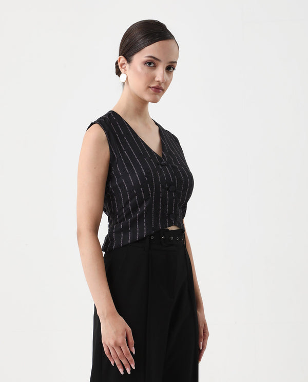 Rareism Women Hicker Black Sleeveless V-Neck Fitted Narrow Stripes Top