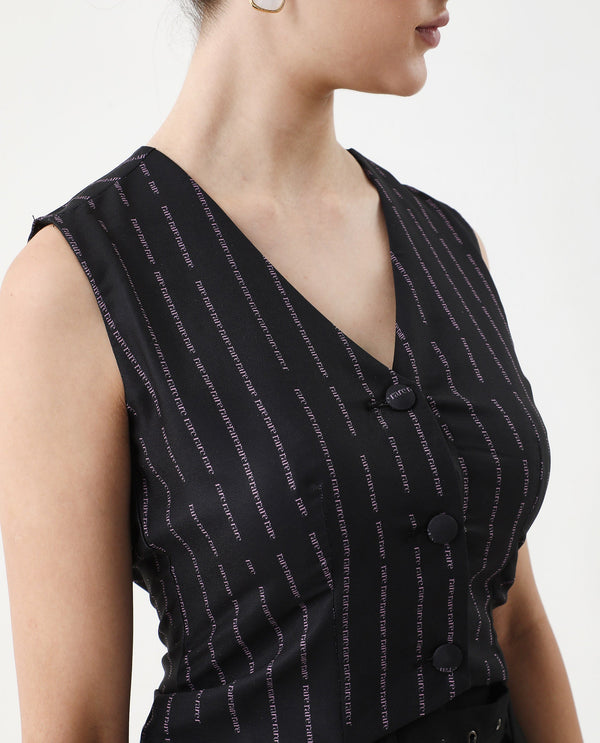 Rareism Women Hicker Black Sleeveless V-Neck Fitted Narrow Stripes Top