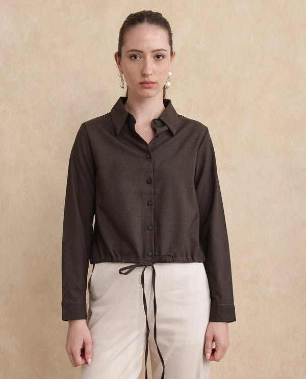 Rareism Women Hika Dark Brown Cuffed Sleeve Collared Neck Button Closure Plain Top