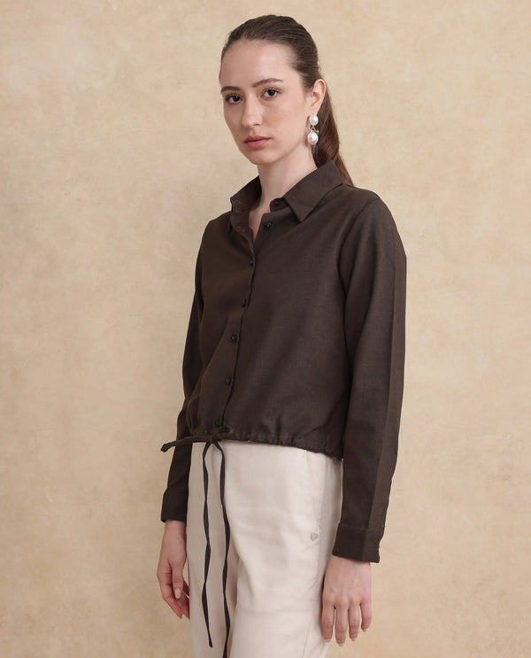Rareism Women Hika Dark Brown Cuffed Sleeve Collared Neck Button Closure Plain Top