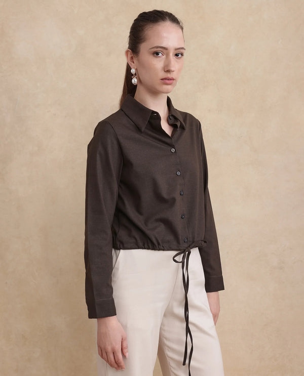 Rareism Women Hika Dark Brown Cuffed Sleeve Collared Neck Button Closure Plain Top