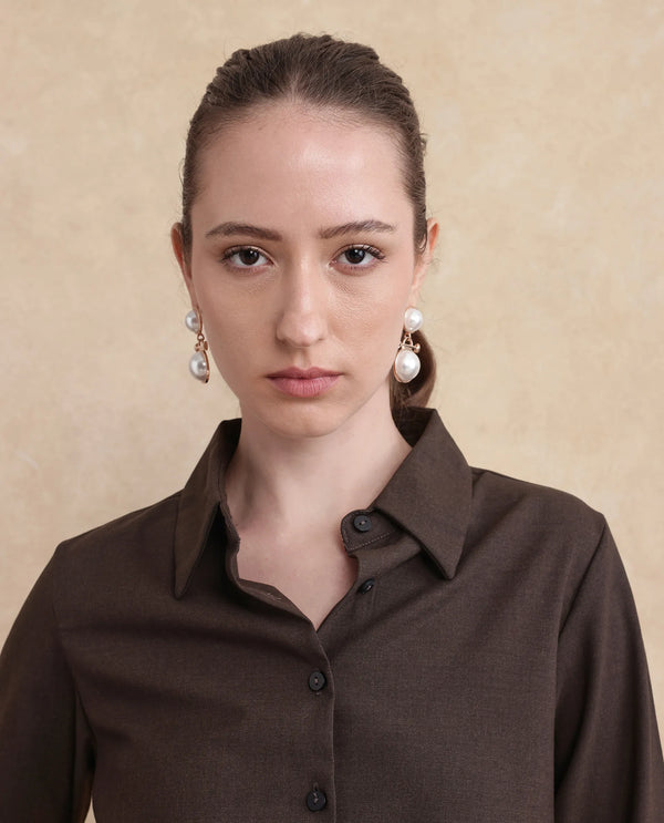Rareism Women Hika Dark Brown Cuffed Sleeve Collared Neck Button Closure Plain Top