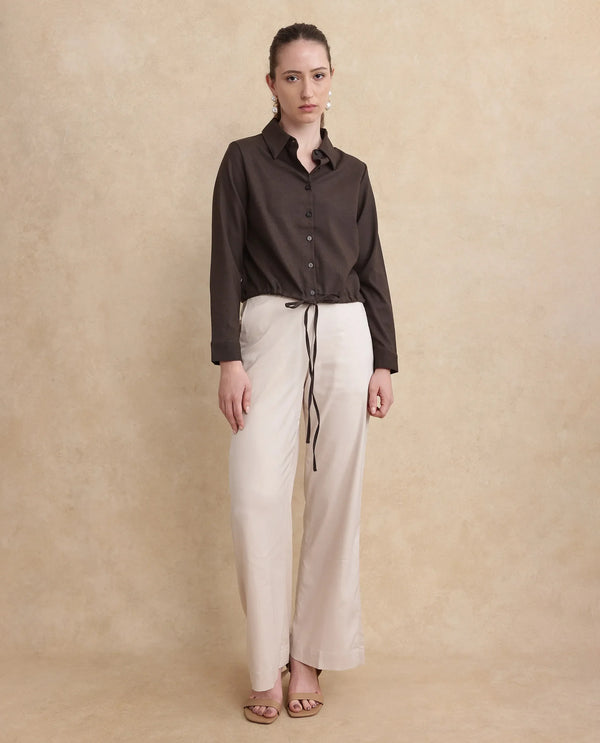 Rareism Women Hika Dark Brown Cuffed Sleeve Collared Neck Button Closure Plain Top