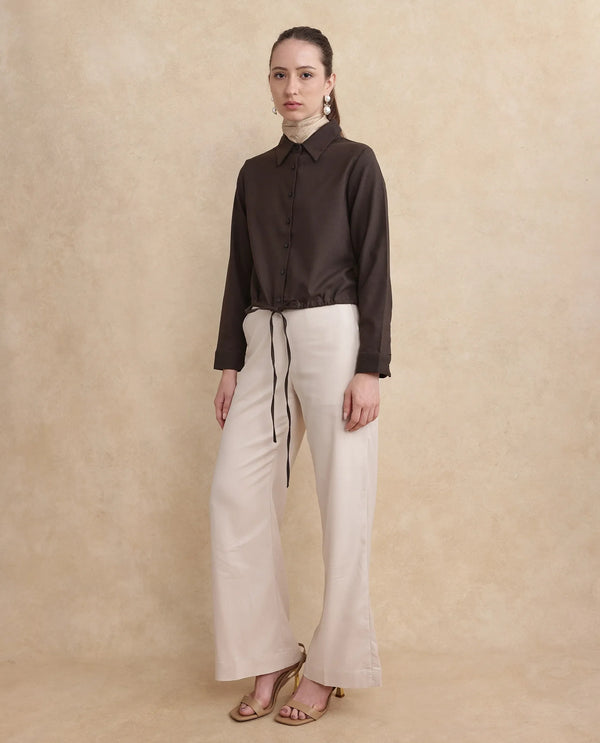 Rareism Women Hika Dark Brown Cuffed Sleeve Collared Neck Button Closure Plain Top