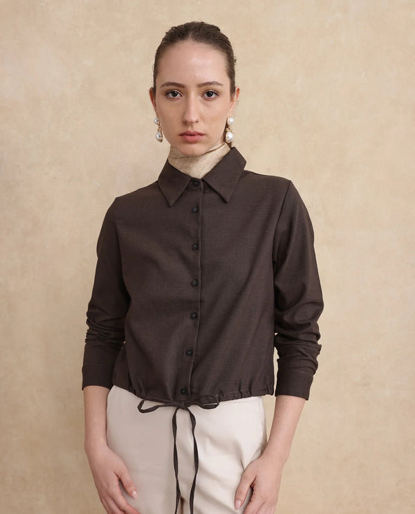 Rareism Women Hika Dark Brown Cuffed Sleeve Collared Neck Button Closure Plain Top