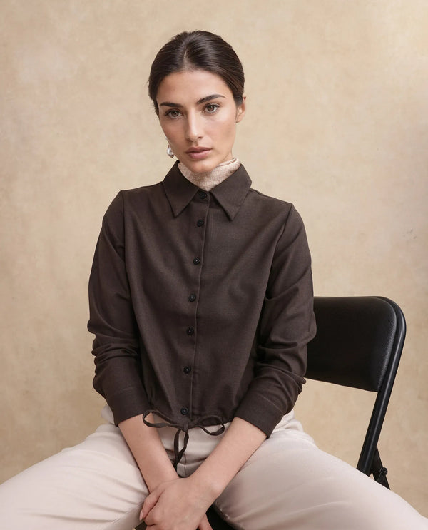 Rareism Women Hika Dark Brown Cuffed Sleeve Collared Neck Button Closure Plain Top