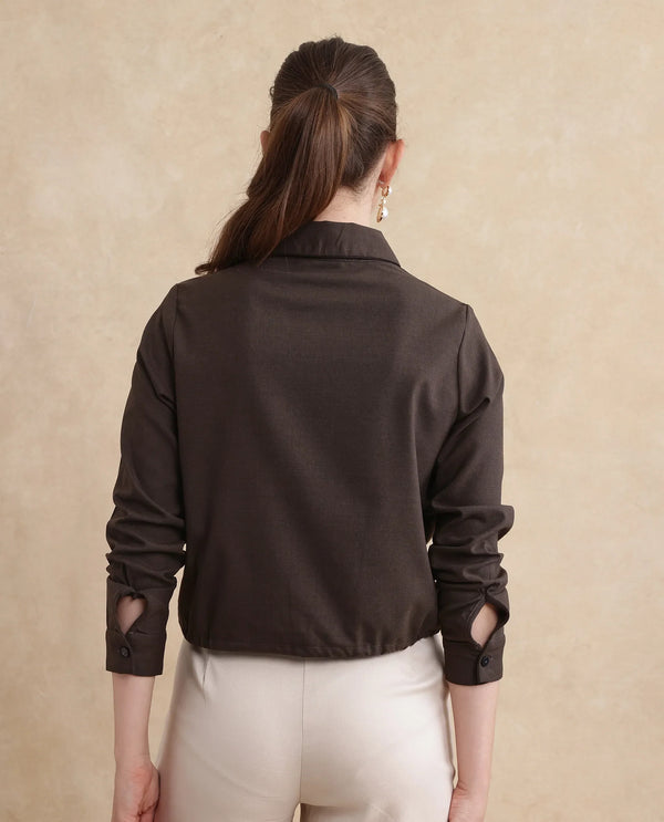 Rareism Women Hika Dark Brown Cuffed Sleeve Collared Neck Button Closure Plain Top