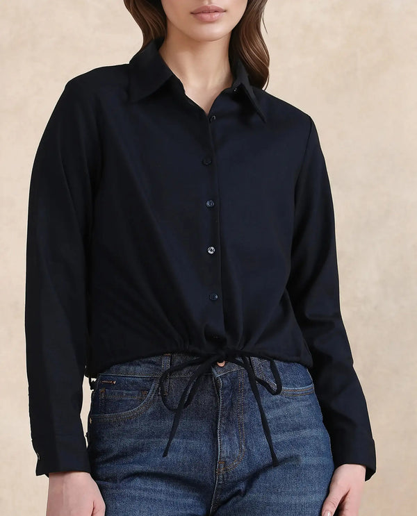 Rareism Women Hika Dark Navy Cuffed Sleeve Collared Neck Button Closure Plain Top