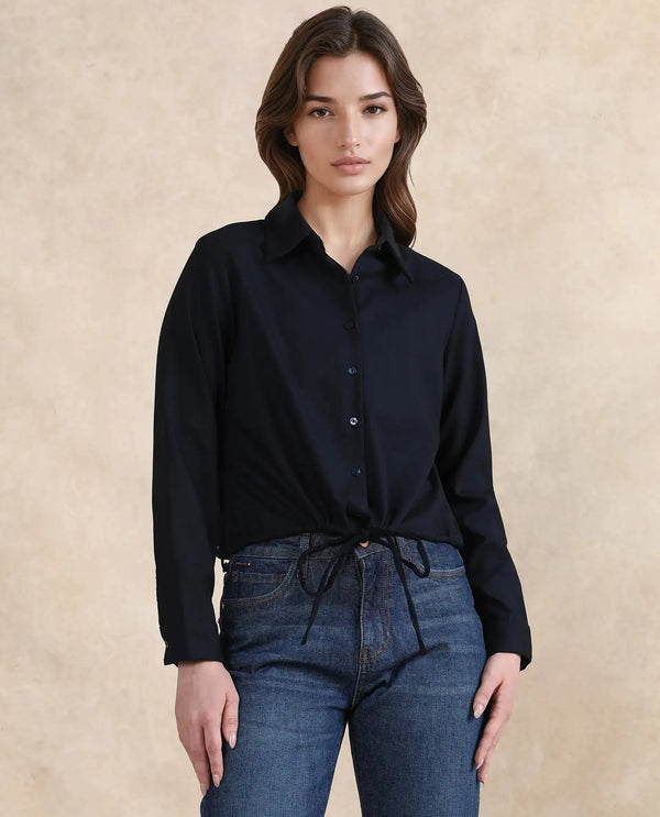 Rareism Women Hika Dark Navy Cuffed Sleeve Collared Neck Button Closure Plain Top