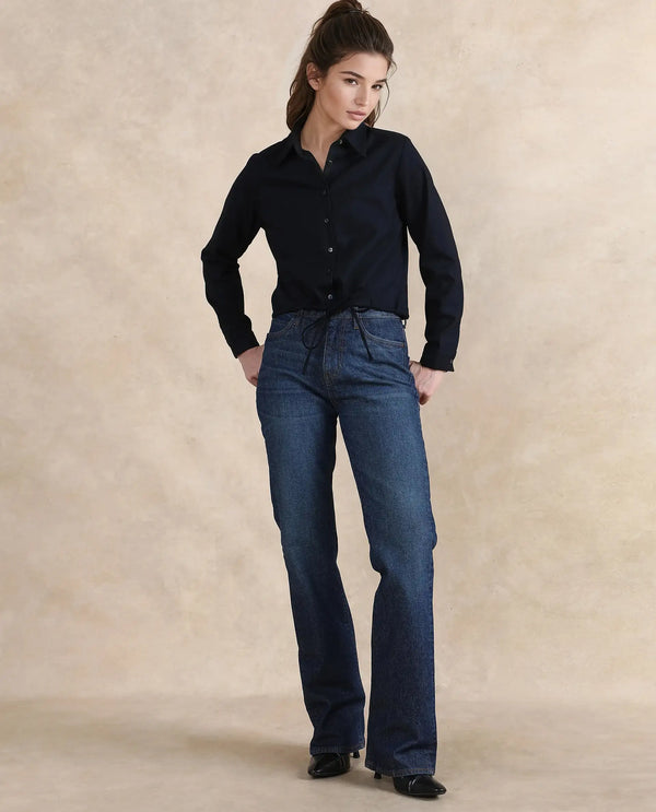 Rareism Women Hika Dark Navy Cuffed Sleeve Collared Neck Button Closure Plain Top