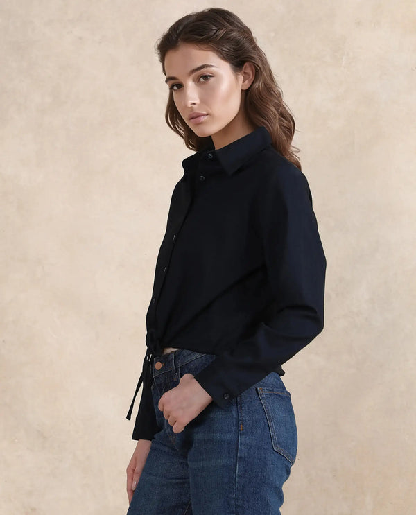 Rareism Women Hika Dark Navy Cuffed Sleeve Collared Neck Button Closure Plain Top