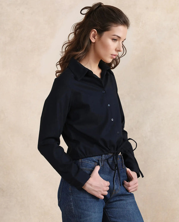 Rareism Women Hika Dark Navy Cuffed Sleeve Collared Neck Button Closure Plain Top