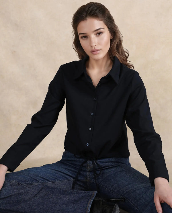 Rareism Women Hika Dark Navy Cuffed Sleeve Collared Neck Button Closure Plain Top