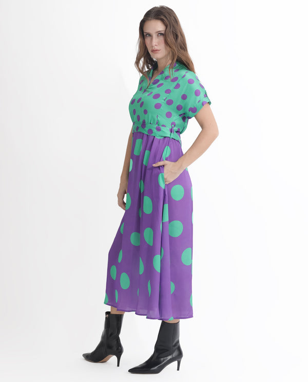 Rareism Women Hirten Purple Polyester Fabric Short Sleeves V-Neck Extended Sleeve Regular Fit Polka Maxi A-Line Dress
