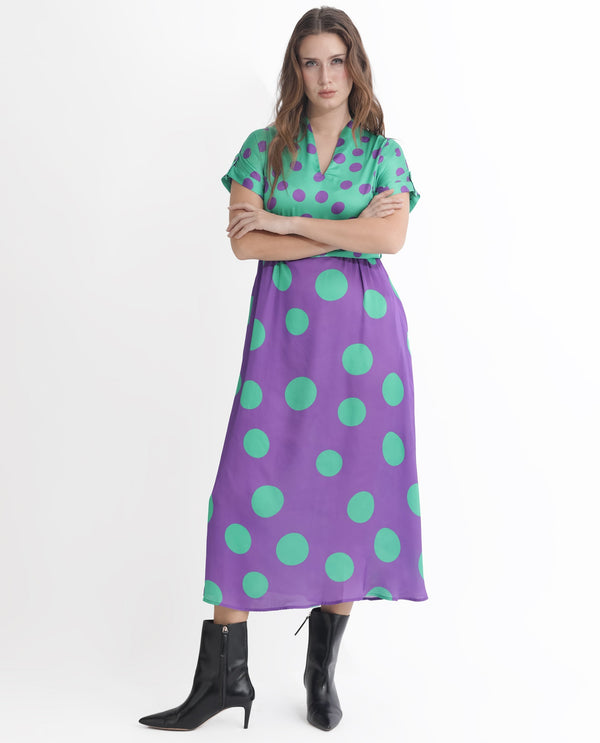 Rareism Women Hirten Purple Polyester Fabric Short Sleeves V-Neck Extended Sleeve Regular Fit Polka Maxi A-Line Dress