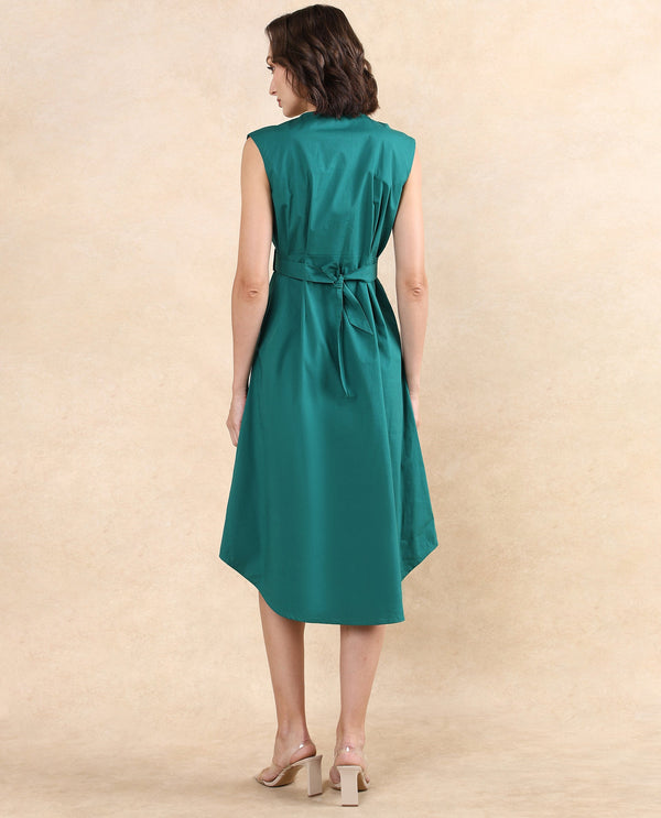 Rareism Women Hiyfc Green Cotton Blend Fabric Sleeveless Round Neck Button Closure A-Line Fit Knee Length Plain Dress